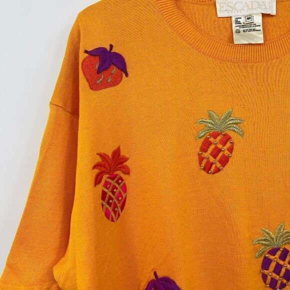 Vintage Escada Size 40 Medium Yellow Novelty Fruit Embroidered Sweater Top - Picture 4 of 8